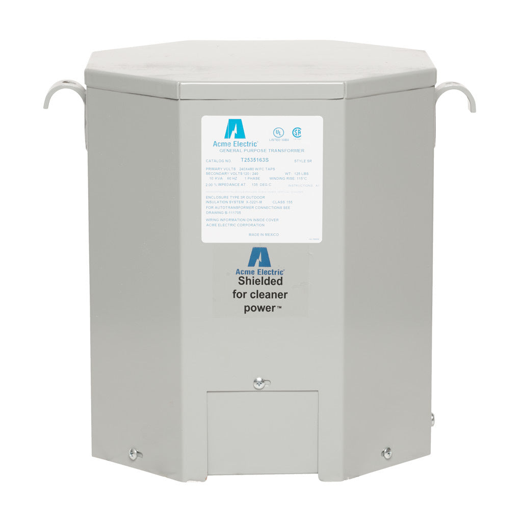 ACME general purpose transformer, encapsulated core, 10 kVA, 1-phase, 240/480 VAC, 120/240 VAC secondary, 60 Hz, electrostatic shield, NEMA 3R, wall mount.-T2535163S