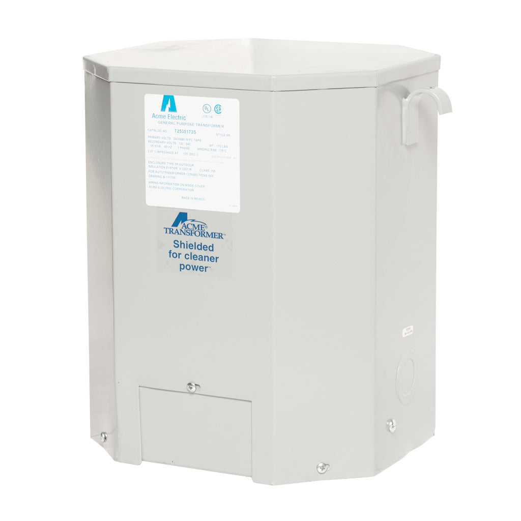 ACME general purpose transformer, encapsulated core, 15 kVA, 1-phase, 240/480 VAC, 120/240 VAC secondary, 60 Hz, electrostatic shield, NEMA 3R, wall mount.-T2535173S