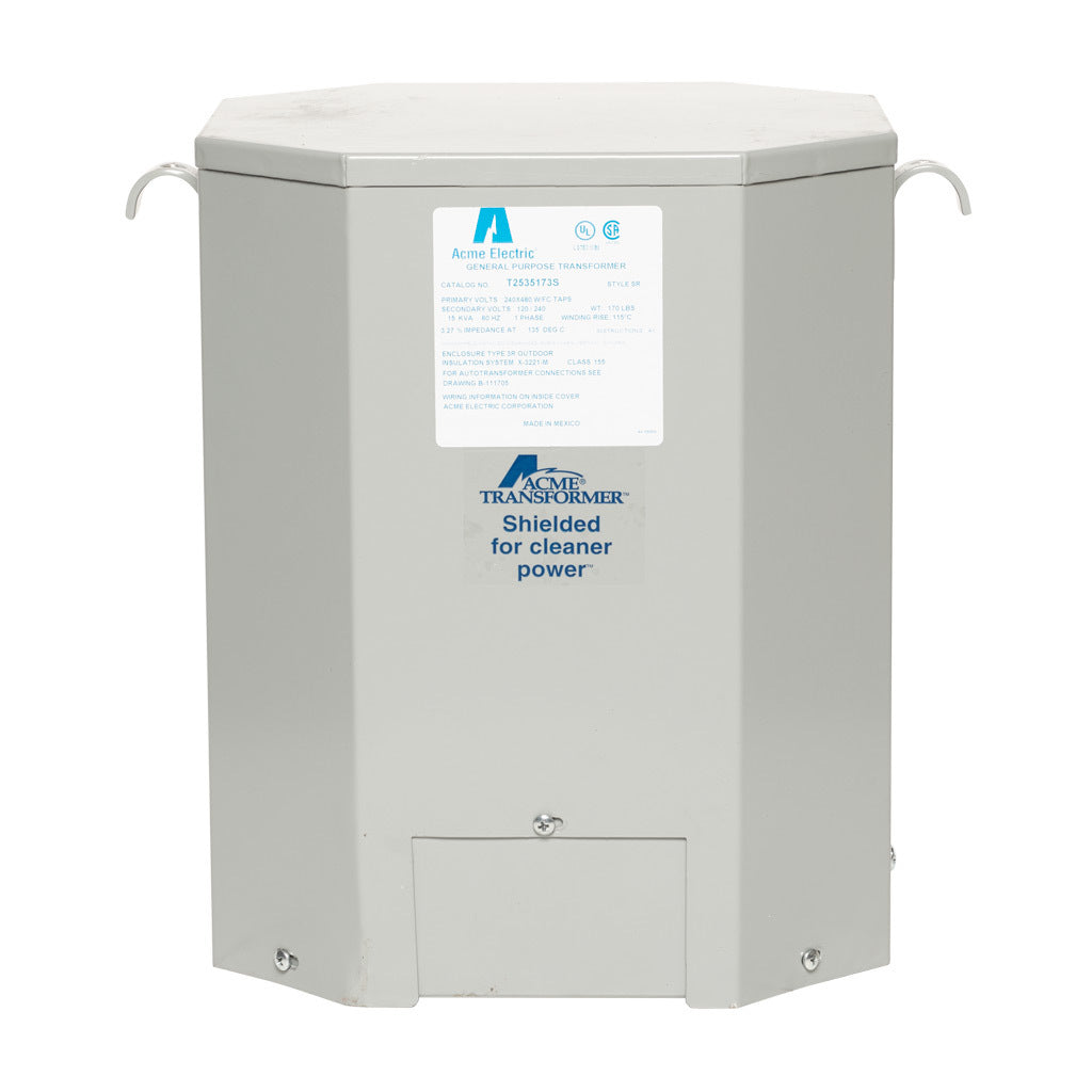ACME general purpose transformer, encapsulated core, 15 kVA, 1-phase, 240/480 VAC, 120/240 VAC secondary, 60 Hz, electrostatic shield, NEMA 3R, wall mount.-T2535173S