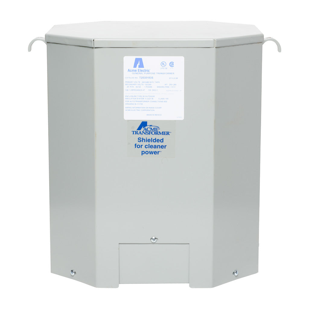 ACME general purpose transformer, encapsulated core, 25 kVA, 1-phase, 240/480 VAC, 120/240 VAC secondary, 60 Hz, electrostatic shield, NEMA 3R, wall mount.-T2535183S