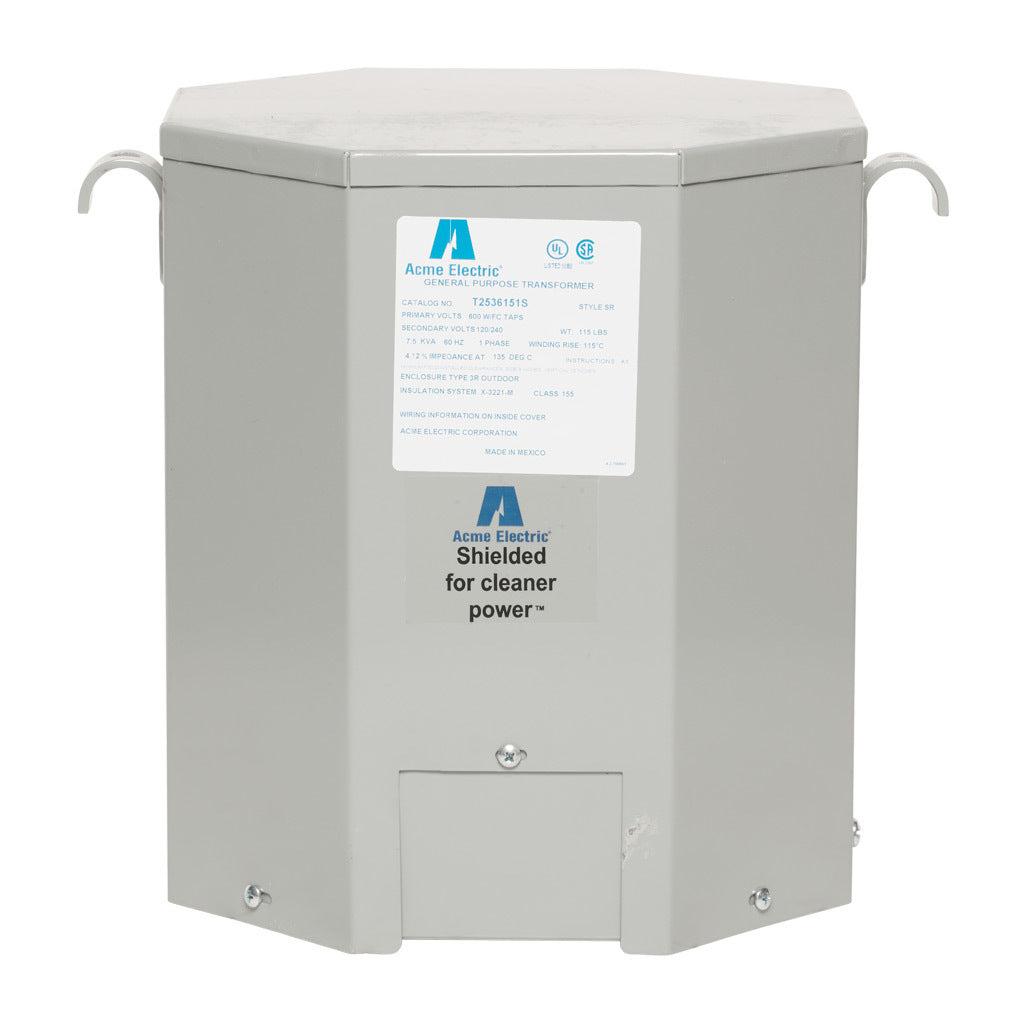ACME general purpose transformer, encapsulated core, 7.5 kVA, 1-phase, 600 VAC, 120/240 VAC secondary, 60 Hz, electrostatic shield, NEMA 3R, wall mount.-T2536151S