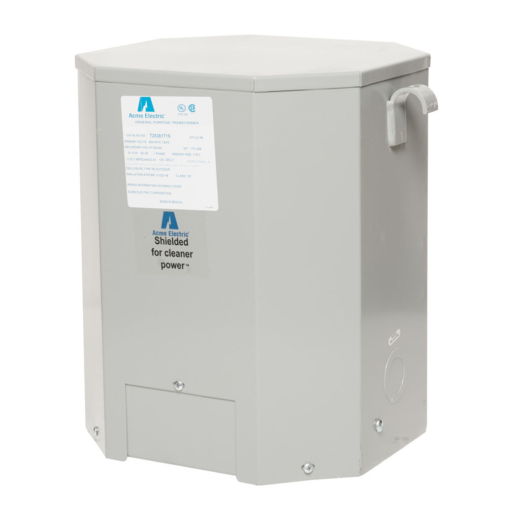 ACME general purpose transformer, encapsulated core, 15 kVA, 1-phase, 600 VAC, 120/240 VAC secondary, 60 Hz, electrostatic shield, NEMA 3R, wall mount.-T2536171S