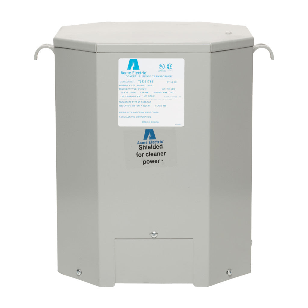 ACME general purpose transformer, encapsulated core, 15 kVA, 1-phase, 600 VAC, 120/240 VAC secondary, 60 Hz, electrostatic shield, NEMA 3R, wall mount.-T2536171S