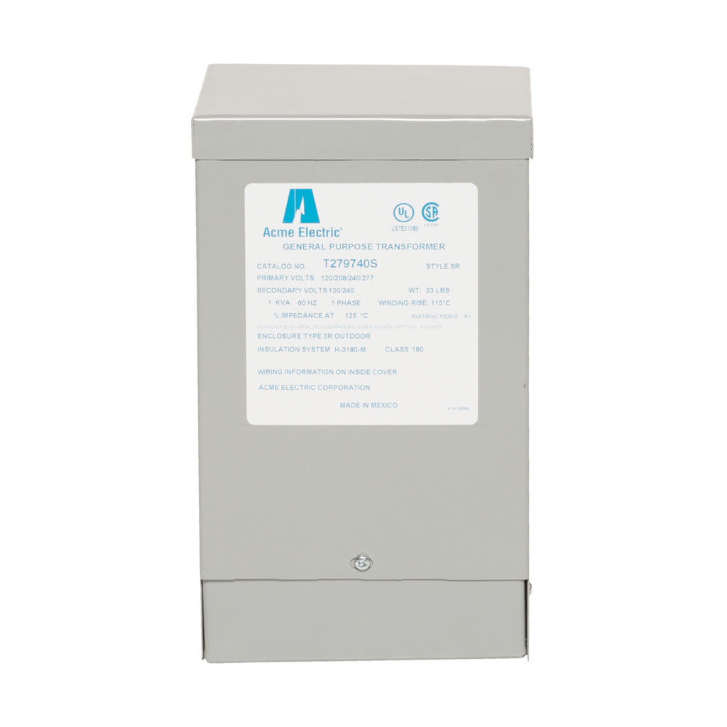 ACME general purpose transformer, encapsulated core, 1 kVA, 1-phase, 120-277 VAC selectable, 120/240 VAC secondary, 60 Hz, electrostatic shield, NEMA 3R, wall mount.-T279740S