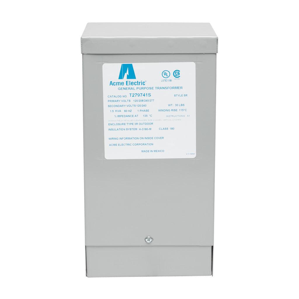 ACME general purpose transformer, encapsulated core, 1.5 kVA, 1-phase, 120-277 VAC selectable, 120/240 VAC secondary, 60 Hz, electrostatic shield, NEMA 3R, wall mount.-T279741S