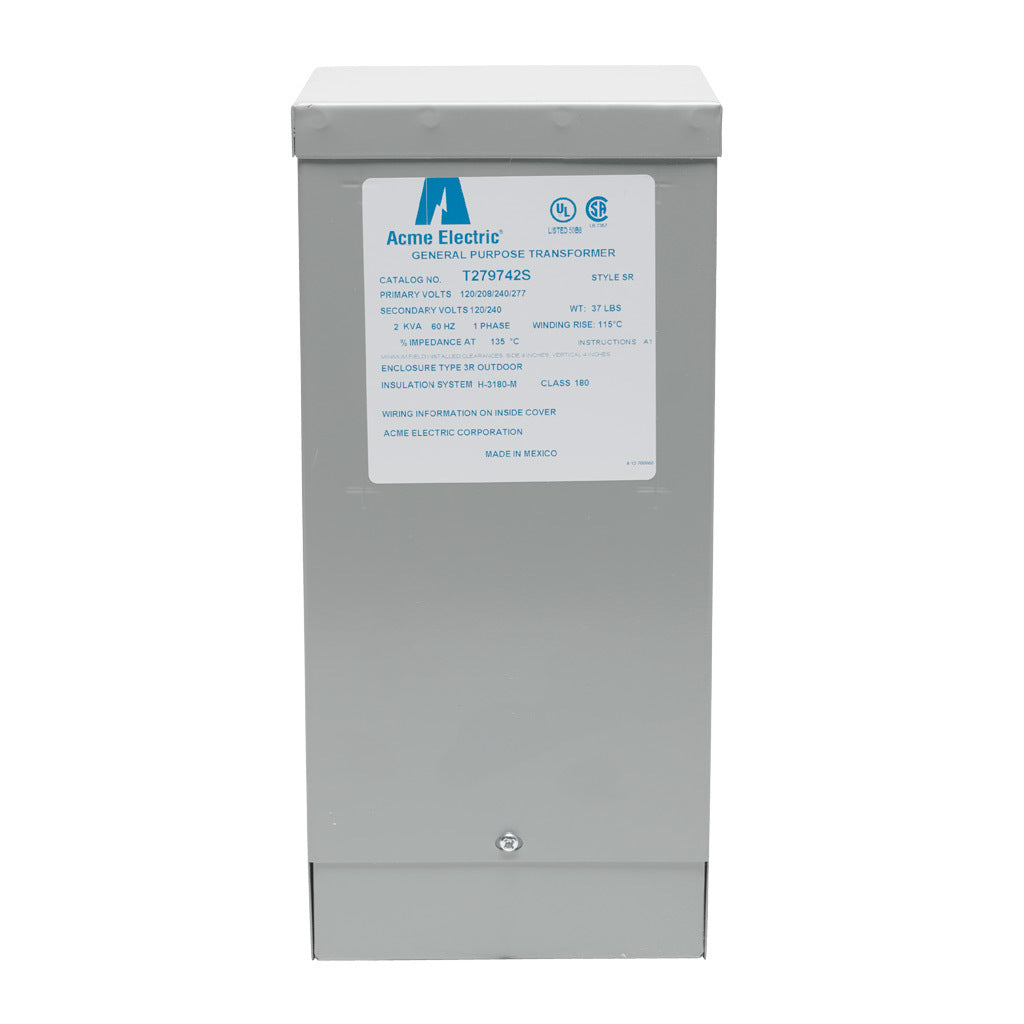 ACME general purpose transformer, encapsulated core, 2 kVA, 1-phase, 120-277 VAC selectable, 120/240 VAC secondary, 60 Hz, electrostatic shield, NEMA 3R, wall mount.-T279742S
