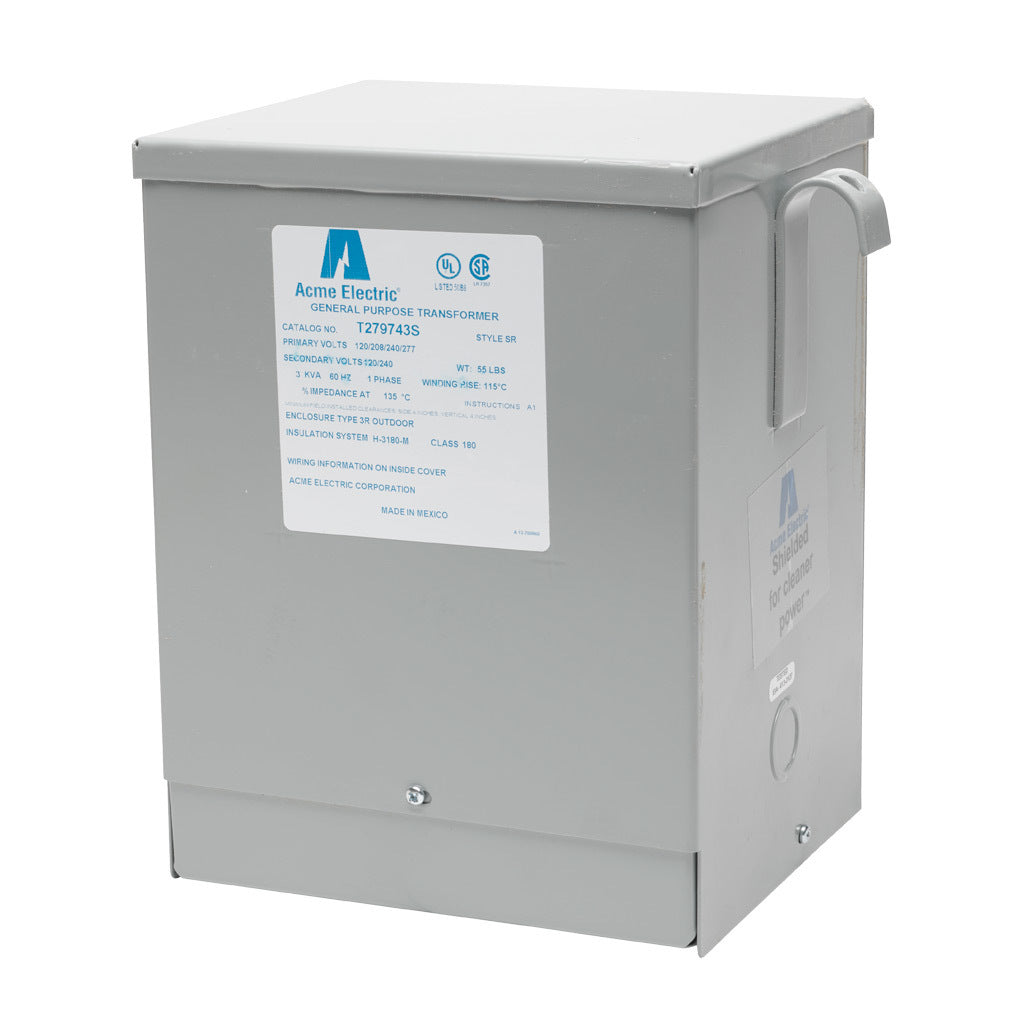 ACME general purpose transformer, encapsulated core, 3 kVA, 1-phase, 120-277 VAC selectable, 120/240 VAC secondary, 60 Hz, electrostatic shield, NEMA 3R, wall mount.-T279743S