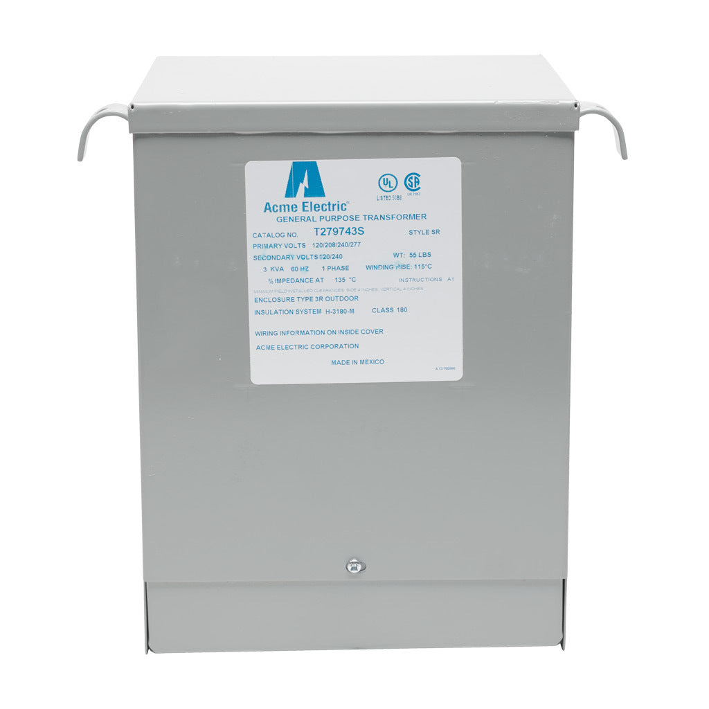 ACME general purpose transformer, encapsulated core, 3 kVA, 1-phase, 120-277 VAC selectable, 120/240 VAC secondary, 60 Hz, electrostatic shield, NEMA 3R, wall mount.-T279743S