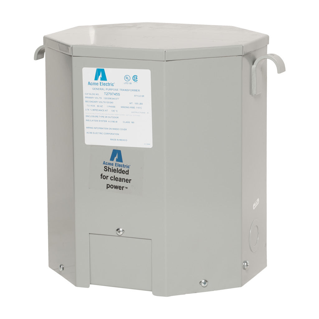 ACME general purpose transformer, encapsulated core, 7.5 kVA, 1-phase, 120-277 VAC selectable, 120/240 VAC secondary, 60 Hz, electrostatic shield, NEMA 3R, wall mount.-T279745S