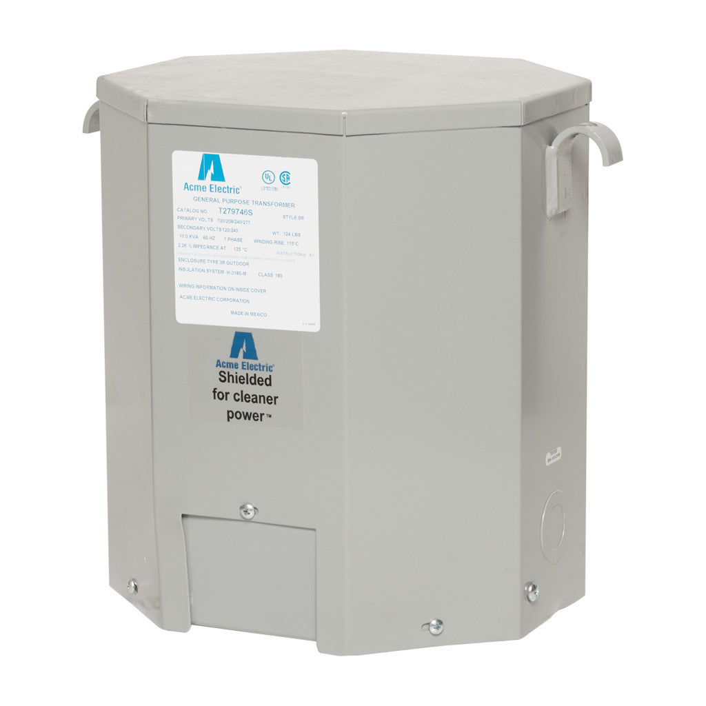 ACME general purpose transformer, encapsulated core, 10 kVA, 1-phase, 120-277 VAC selectable, 120/240 VAC secondary, 60 Hz, electrostatic shield, NEMA 3R, wall mount.-T279746S
