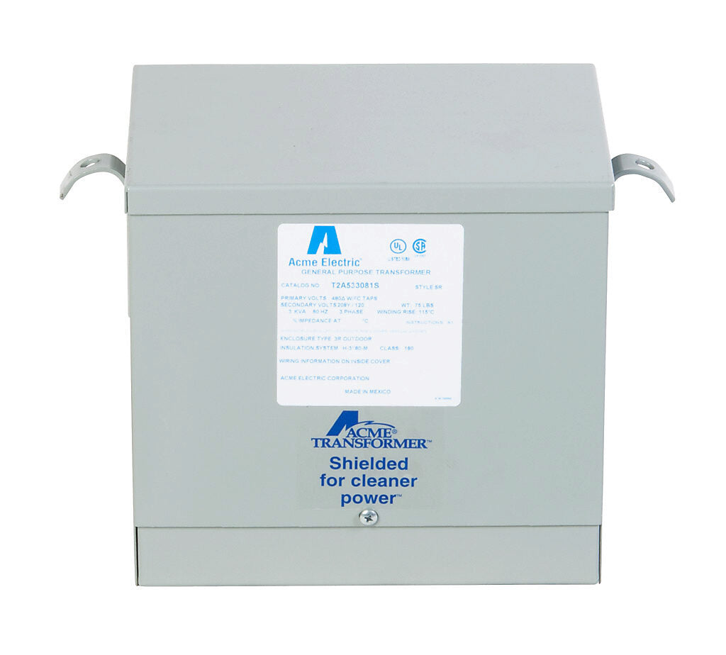 ACME general purpose transformer, encapsulated core, 3 kVA, 3-phase, 480 VAC Delta, 208Y/120 VAC secondary, 60 Hz, electrostatic shield, NEMA 3R, wall mount.-T2A533081S
