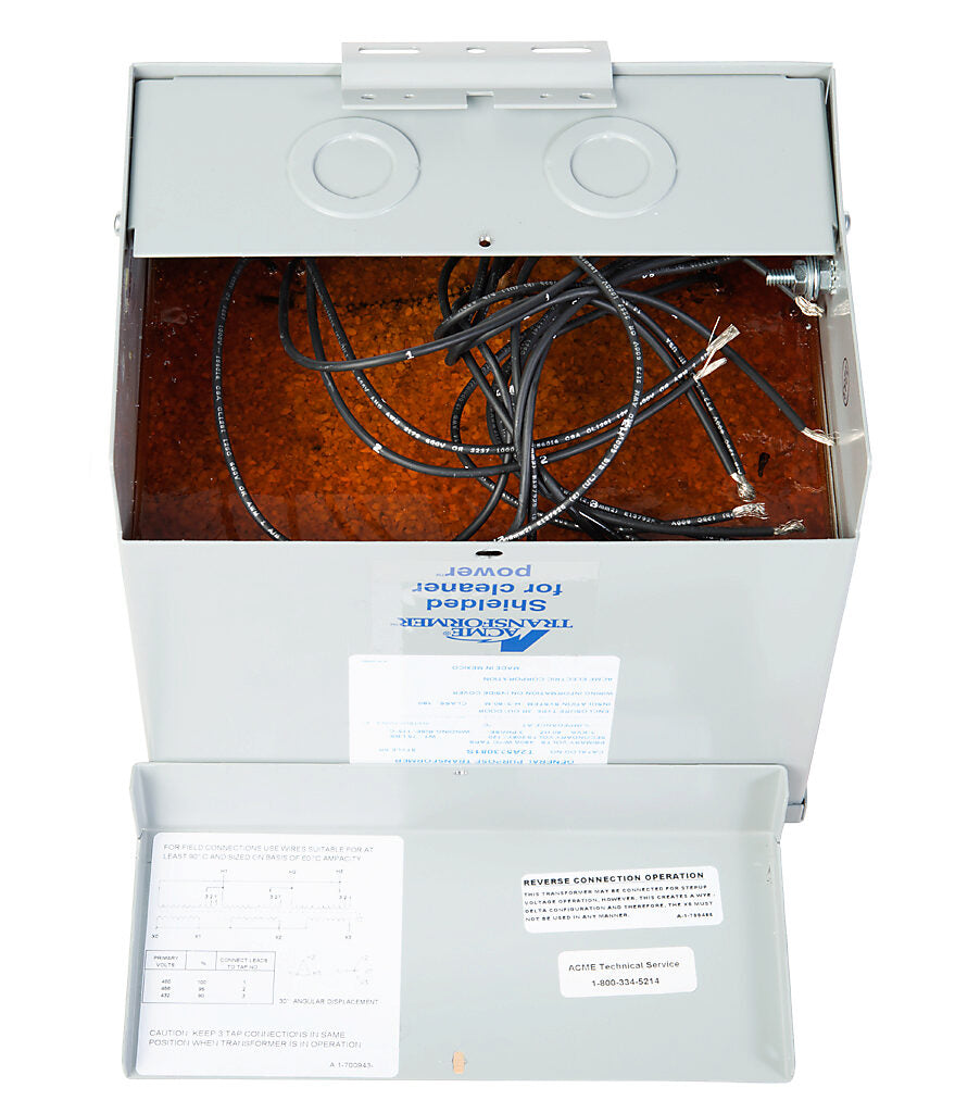 ACME general purpose transformer, encapsulated core, 3 kVA, 3-phase, 480 VAC Delta, 208Y/120 VAC secondary, 60 Hz, electrostatic shield, NEMA 3R, wall mount.-T2A533081S