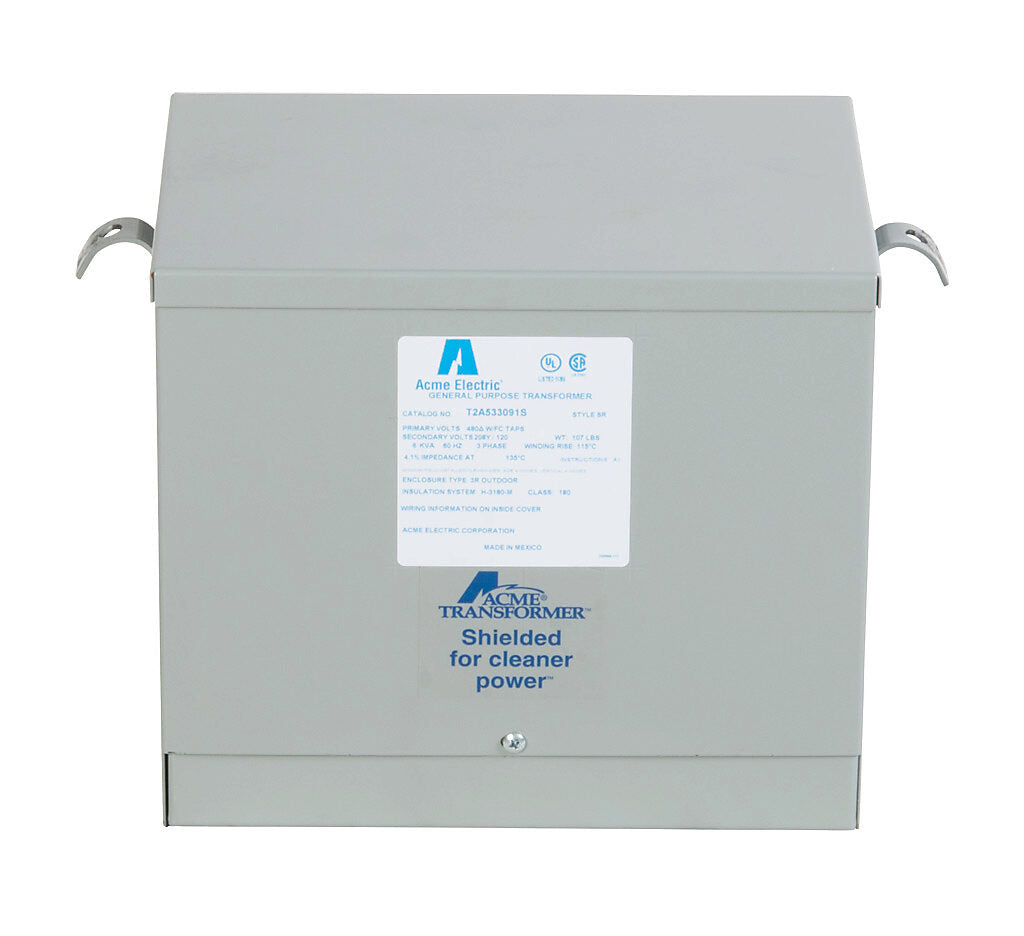 ACME general purpose transformer, encapsulated core, 6 kVA, 3-phase, 480 VAC Delta, 208Y/120 VAC secondary, 60 Hz, electrostatic shield, NEMA 3R, wall mount.-T2A533091S