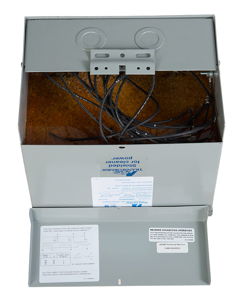 ACME general purpose transformer, encapsulated core, 6 kVA, 3-phase, 480 VAC Delta, 208Y/120 VAC secondary, 60 Hz, electrostatic shield, NEMA 3R, wall mount.-T2A533091S
