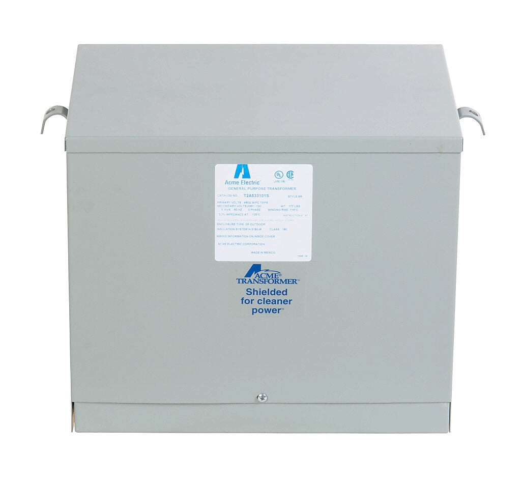 ACME general purpose transformer, encapsulated core, 9 kVA, 3-phase, 480 VAC Delta, 208Y/120 VAC secondary, 60 Hz, electrostatic shield, NEMA 3R, wall mount.-T2A533101S