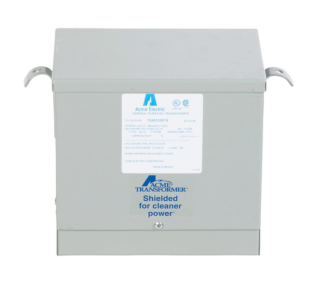 ACME general purpose transformer, encapsulated core, 3 kVA, 3-phase, 480 VAC Delta, 240/120 VAC Delta (center tap) secondary, 60 Hz, electrostatic shield, NEMA 3R, wall mount.-T2A533281S
