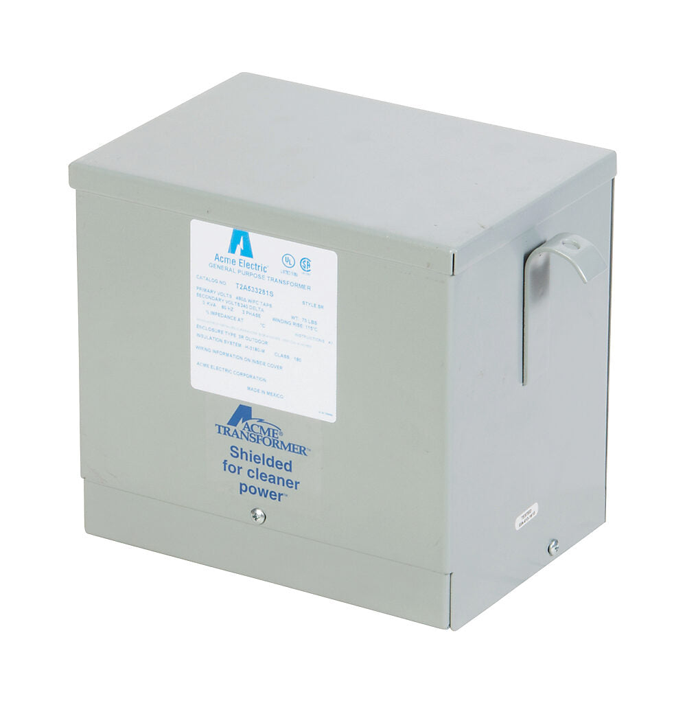 ACME general purpose transformer, encapsulated core, 3 kVA, 3-phase, 480 VAC Delta, 240/120 VAC Delta (center tap) secondary, 60 Hz, electrostatic shield, NEMA 3R, wall mount.-T2A533281S