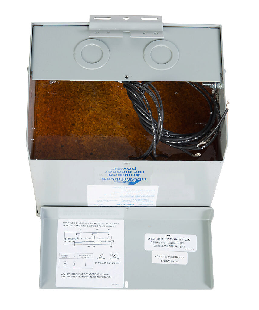 ACME general purpose transformer, encapsulated core, 3 kVA, 3-phase, 480 VAC Delta, 240/120 VAC Delta (center tap) secondary, 60 Hz, electrostatic shield, NEMA 3R, wall mount.-T2A533281S