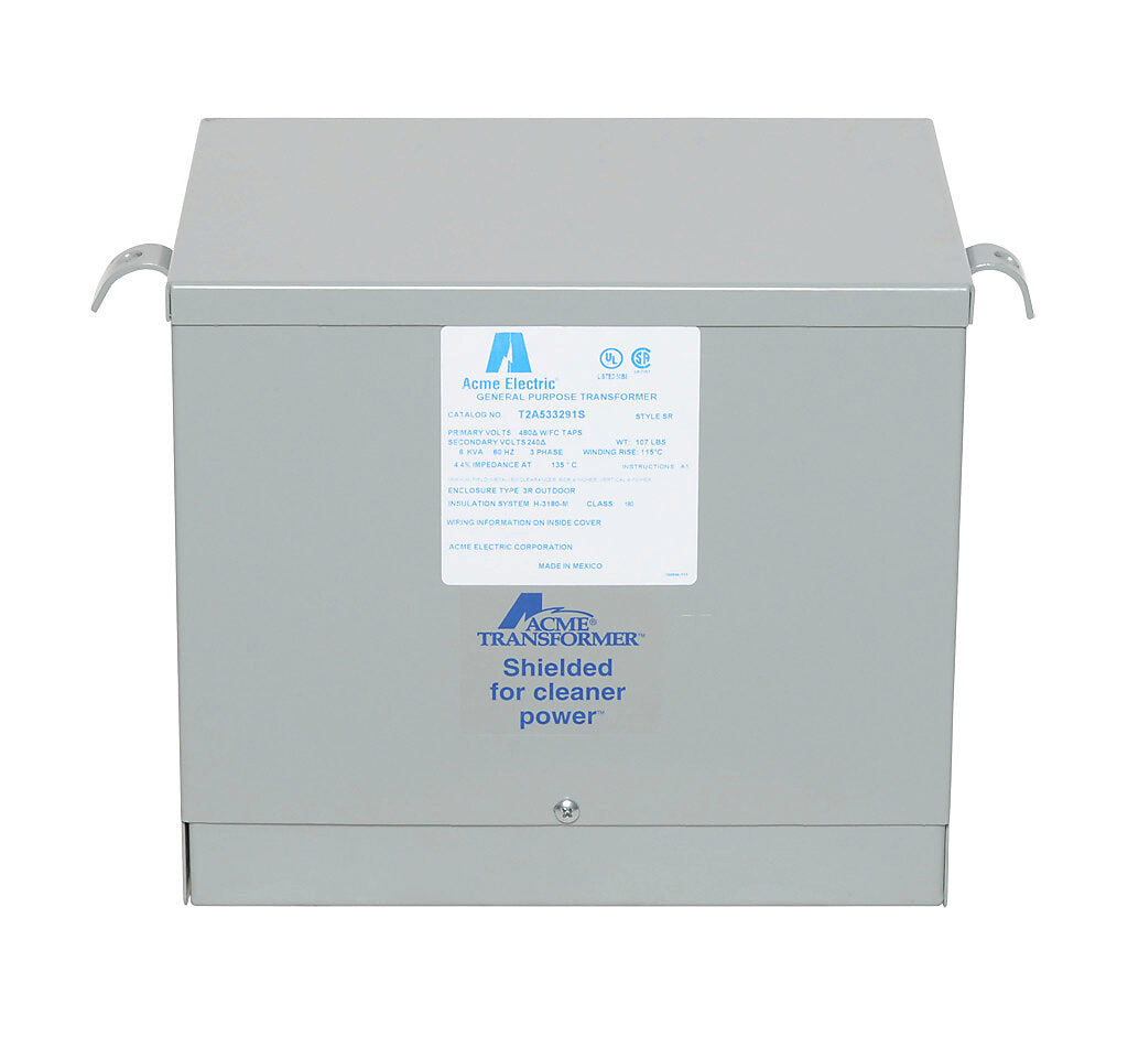 ACME general purpose transformer, encapsulated core, 6 kVA, 3-phase, 480 VAC Delta, 240/120 VAC Delta (center tap) secondary, 60 Hz, electrostatic shield, NEMA 3R, wall mount.-T2A533291S