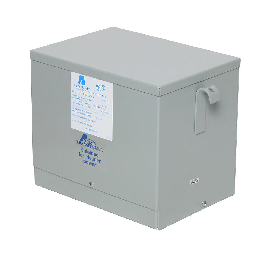 ACME general purpose transformer, encapsulated core, 6 kVA, 3-phase, 480 VAC Delta, 240/120 VAC Delta (center tap) secondary, 60 Hz, electrostatic shield, NEMA 3R, wall mount.-T2A533291S