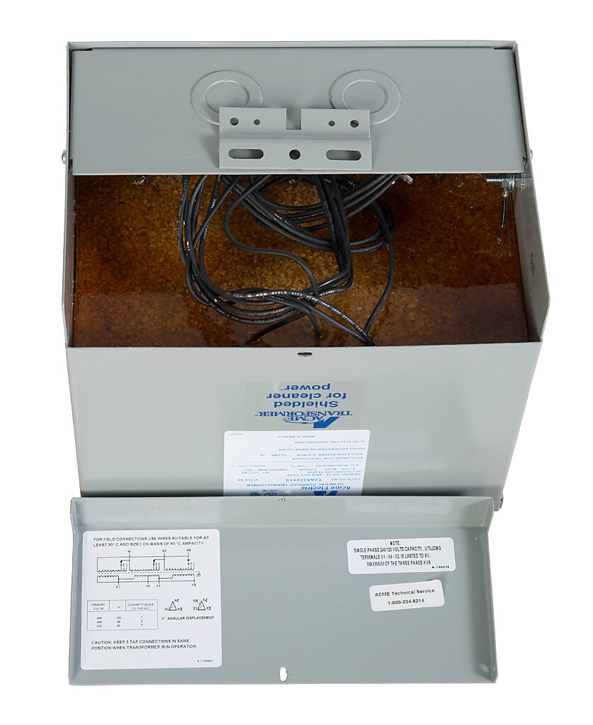 ACME general purpose transformer, encapsulated core, 6 kVA, 3-phase, 480 VAC Delta, 240/120 VAC Delta (center tap) secondary, 60 Hz, electrostatic shield, NEMA 3R, wall mount.-T2A533291S