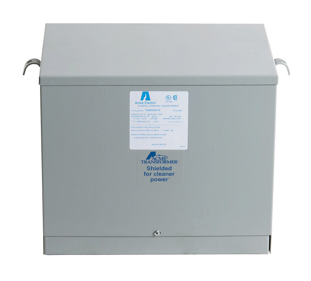 ACME general purpose transformer, encapsulated core, 9 kVA, 3-phase, 480 VAC Delta, 240/120 VAC Delta (center tap) secondary, 60 Hz, electrostatic shield, NEMA 3R, wall mount.-T2A533401S