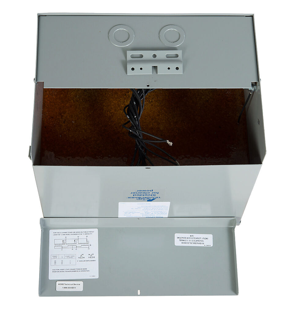 ACME general purpose transformer, encapsulated core, 9 kVA, 3-phase, 480 VAC Delta, 240/120 VAC Delta (center tap) secondary, 60 Hz, electrostatic shield, NEMA 3R, wall mount.-T2A533401S