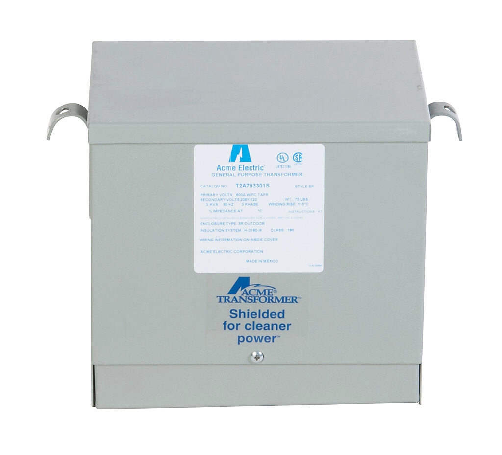 ACME general purpose transformer, encapsulated core, 3 kVA, 3-phase, 600 VAC Delta, 208Y/120 VAC secondary, 60 Hz, electrostatic shield, NEMA 3R, wall mount.-T2A793301S