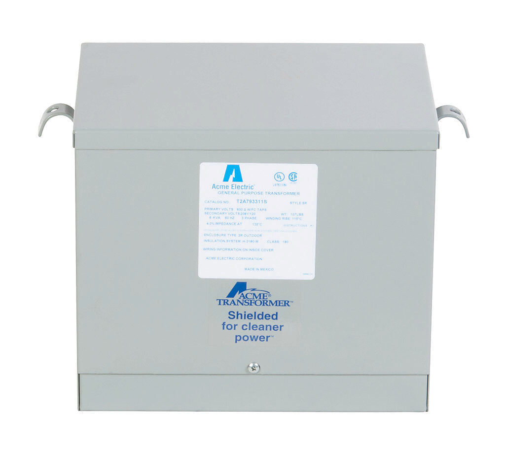 ACME general purpose transformer, encapsulated core, 6 kVA, 3-phase, 600 VAC Delta, 208Y/120 VAC secondary, 60 Hz, electrostatic shield, NEMA 3R, wall mount.-T2A793311S