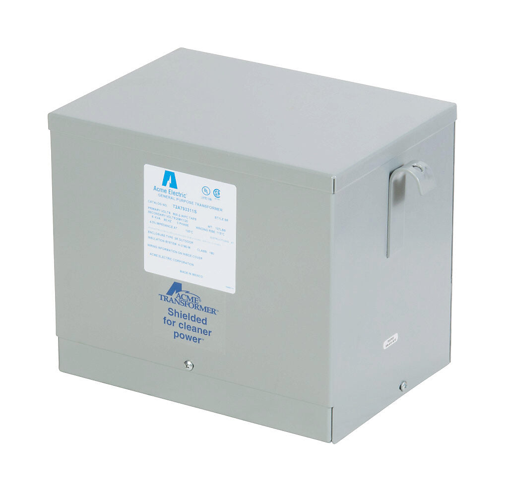 ACME general purpose transformer, encapsulated core, 6 kVA, 3-phase, 600 VAC Delta, 208Y/120 VAC secondary, 60 Hz, electrostatic shield, NEMA 3R, wall mount.-T2A793311S