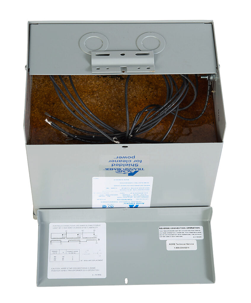 ACME general purpose transformer, encapsulated core, 6 kVA, 3-phase, 600 VAC Delta, 208Y/120 VAC secondary, 60 Hz, electrostatic shield, NEMA 3R, wall mount.-T2A793311S