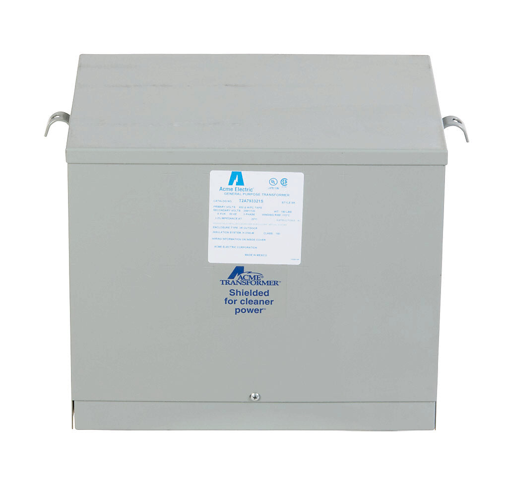 ACME general purpose transformer, encapsulated core, 9 kVA, 3-phase, 600 VAC Delta, 208Y/120 VAC secondary, 60 Hz, electrostatic shield, NEMA 3R, wall mount.-T2A793321S