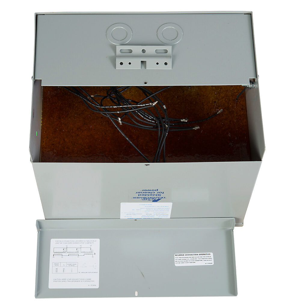 ACME general purpose transformer, encapsulated core, 9 kVA, 3-phase, 600 VAC Delta, 208Y/120 VAC secondary, 60 Hz, electrostatic shield, NEMA 3R, wall mount.-T2A793321S