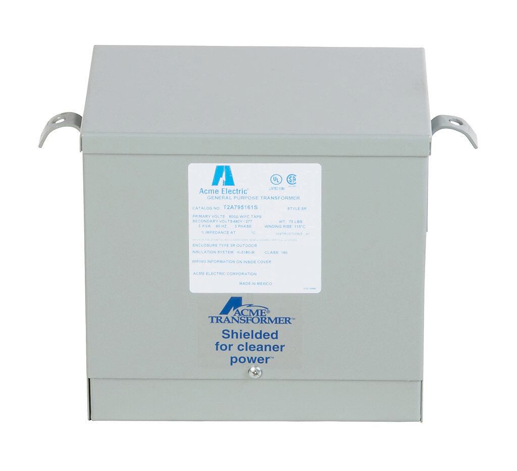ACME general purpose transformer, encapsulated core, 3 kVA, 3-phase, 600 VAC Delta, 480Y/277 VAC secondary, 60 Hz, electrostatic shield, NEMA 3R, wall mount.-T2A795161S
