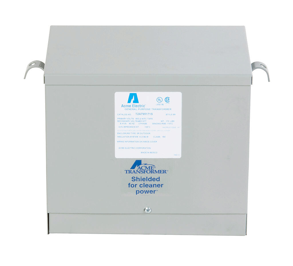 ACME general purpose transformer, encapsulated core, 6 kVA, 3-phase, 600 VAC Delta, 480Y/277 VAC secondary, 60 Hz, electrostatic shield, NEMA 3R, wall mount.-T2A795171S