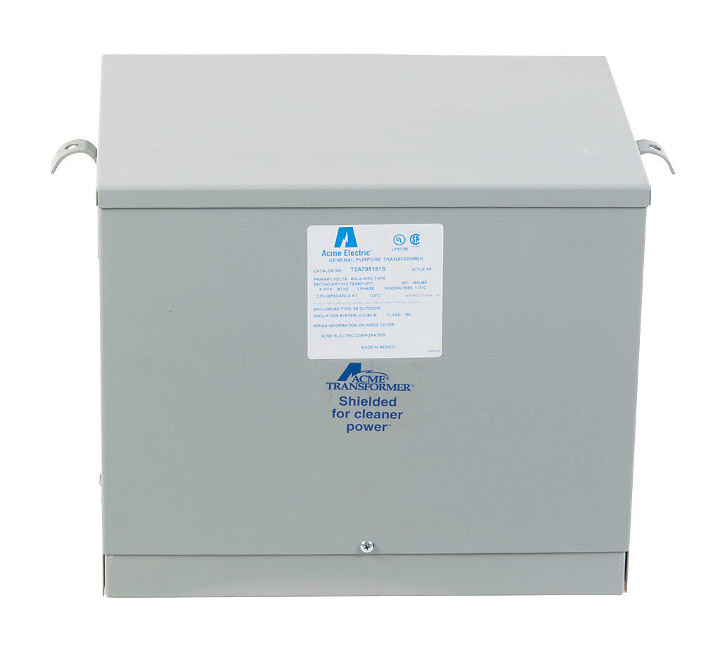 ACME general purpose transformer, encapsulated core, 9 kVA, 3-phase, 600 VAC Delta, 480Y/277 VAC secondary, 60 Hz, electrostatic shield, NEMA 3R, wall mount.-T2A795181S