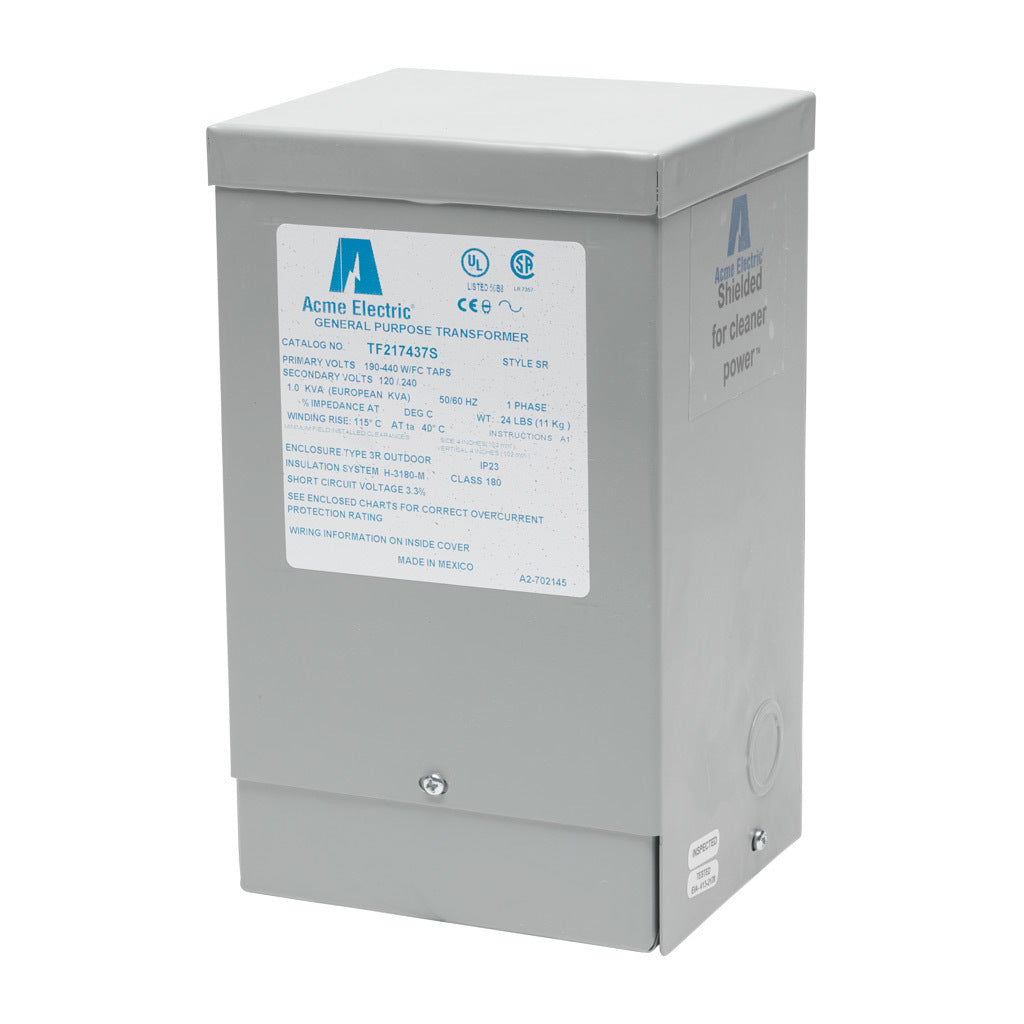 ACME general purpose transformer, encapsulated core, 1 kVA, 1-phase, 190-440 VAC selectable, 120/240 VAC secondary, 50/60 Hz, electrostatic shield, NEMA 3R, wall mount.-TF217437S