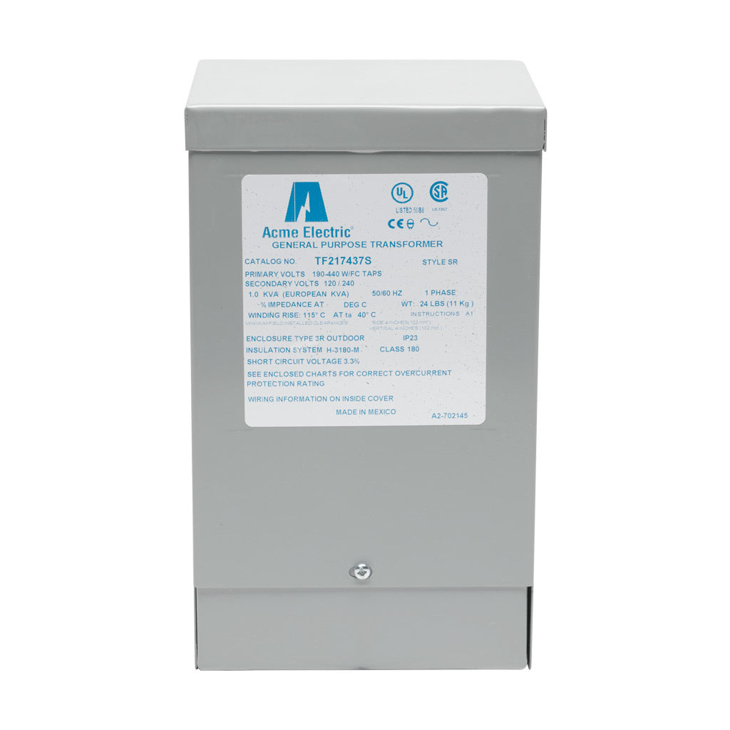 ACME general purpose transformer, encapsulated core, 1 kVA, 1-phase, 190-440 VAC selectable, 120/240 VAC secondary, 50/60 Hz, electrostatic shield, NEMA 3R, wall mount.-TF217437S