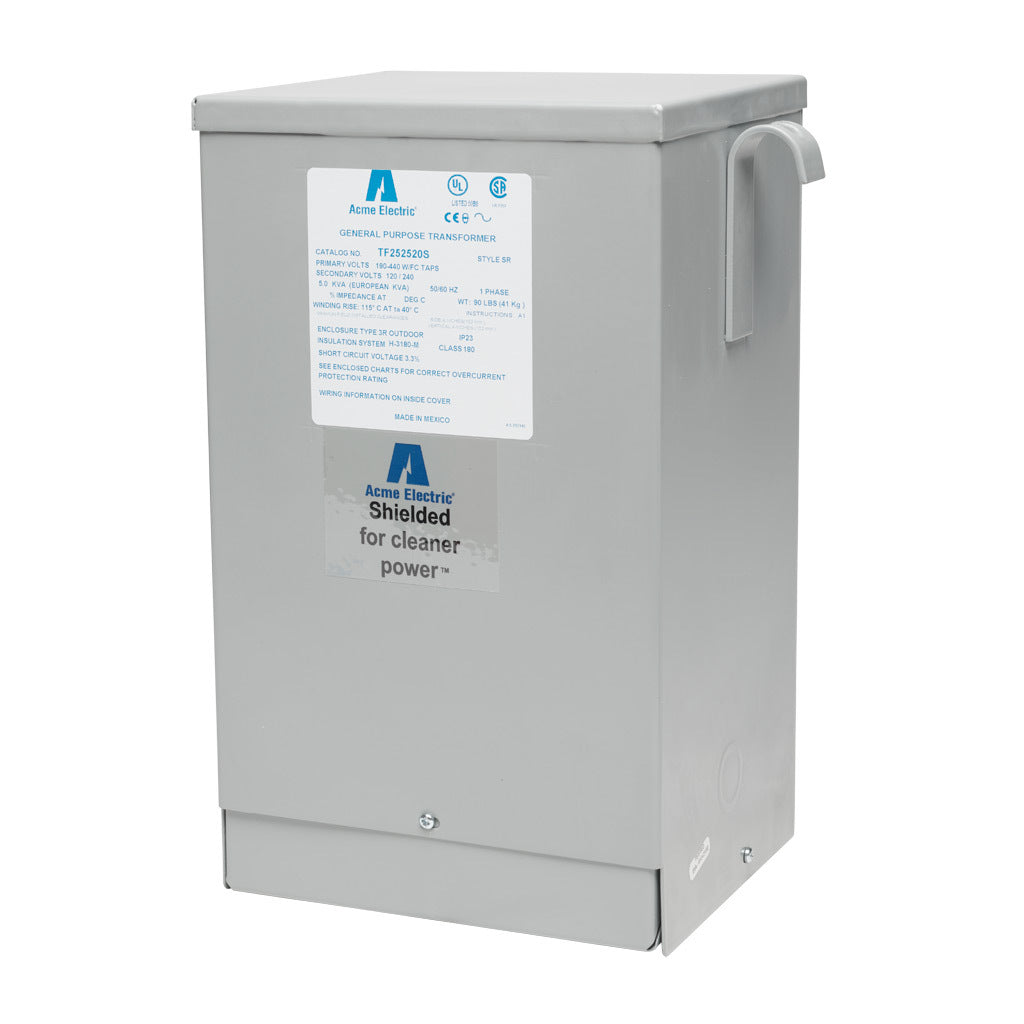 ACME general purpose transformer, encapsulated core, 5 kVA, 1-phase, 190-440 VAC selectable, 120/240 VAC secondary, 50/60 Hz, electrostatic shield, NEMA 3R, wall mount.-TF252520S