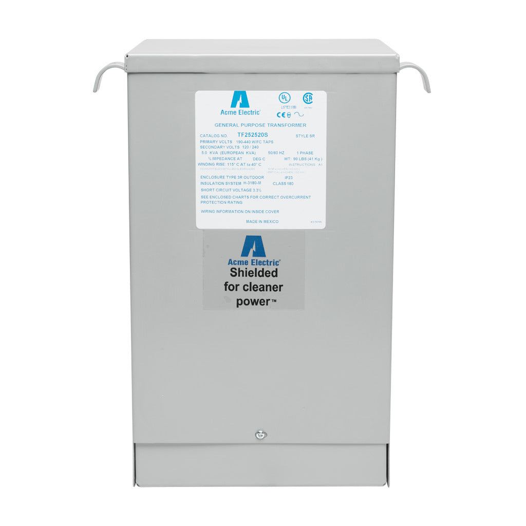 ACME general purpose transformer, encapsulated core, 5 kVA, 1-phase, 190-440 VAC selectable, 120/240 VAC secondary, 50/60 Hz, electrostatic shield, NEMA 3R, wall mount.-TF252520S