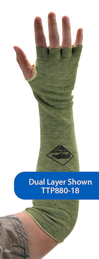 Arm protection sleeve with thumb hole, cut resistant, single-layer knit, ANSI cut level 4 (ASTM F1790-97), 18in length. For use with fits left or right arm.-TTP880SP-18