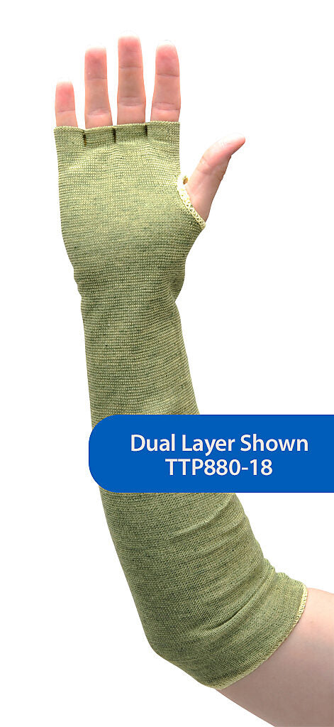 Arm protection sleeve with thumb hole, cut resistant, single-layer knit, ANSI cut level 4 (ASTM F1790-97), 18in length. For use with fits left or right arm.-TTP880SP-18