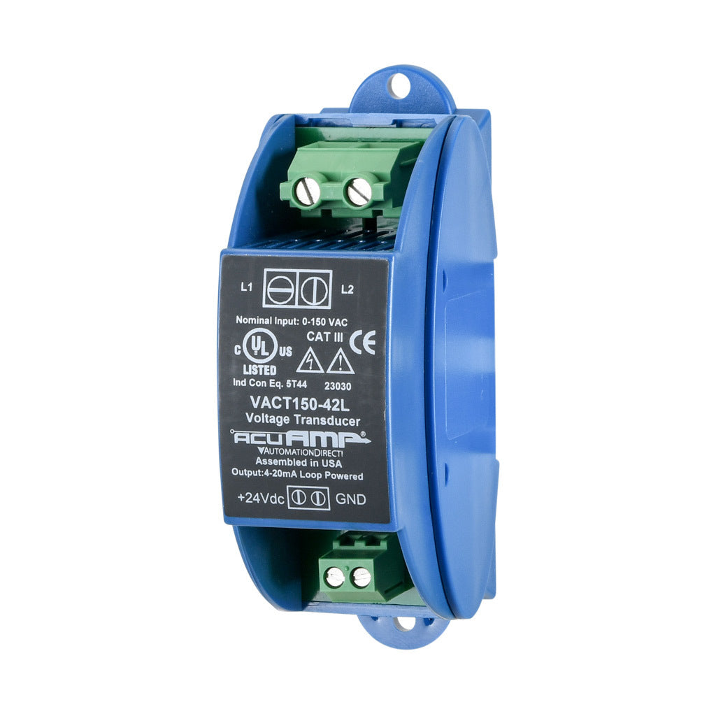 AcuAMP AC voltage transducer, 1-phase, 0-150 VAC sensing range, True RMS, 4-20 mA output, 22-40 VDC operating voltage.-VACT150-42L