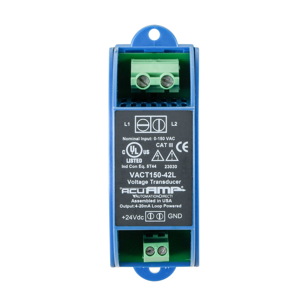 AcuAMP AC voltage transducer, 1-phase, 0-150 VAC sensing range, True RMS, 4-20 mA output, 22-40 VDC operating voltage.-VACT150-42L