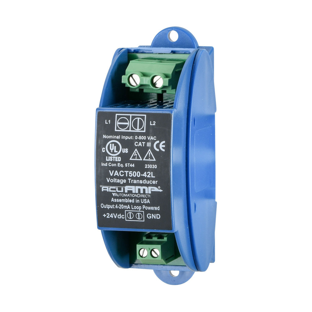 AcuAMP AC voltage transducer, 1-phase, 0-500 VAC sensing range, True RMS, 4-20 mA output, 22-40 VDC operating voltage.-VACT500-42L