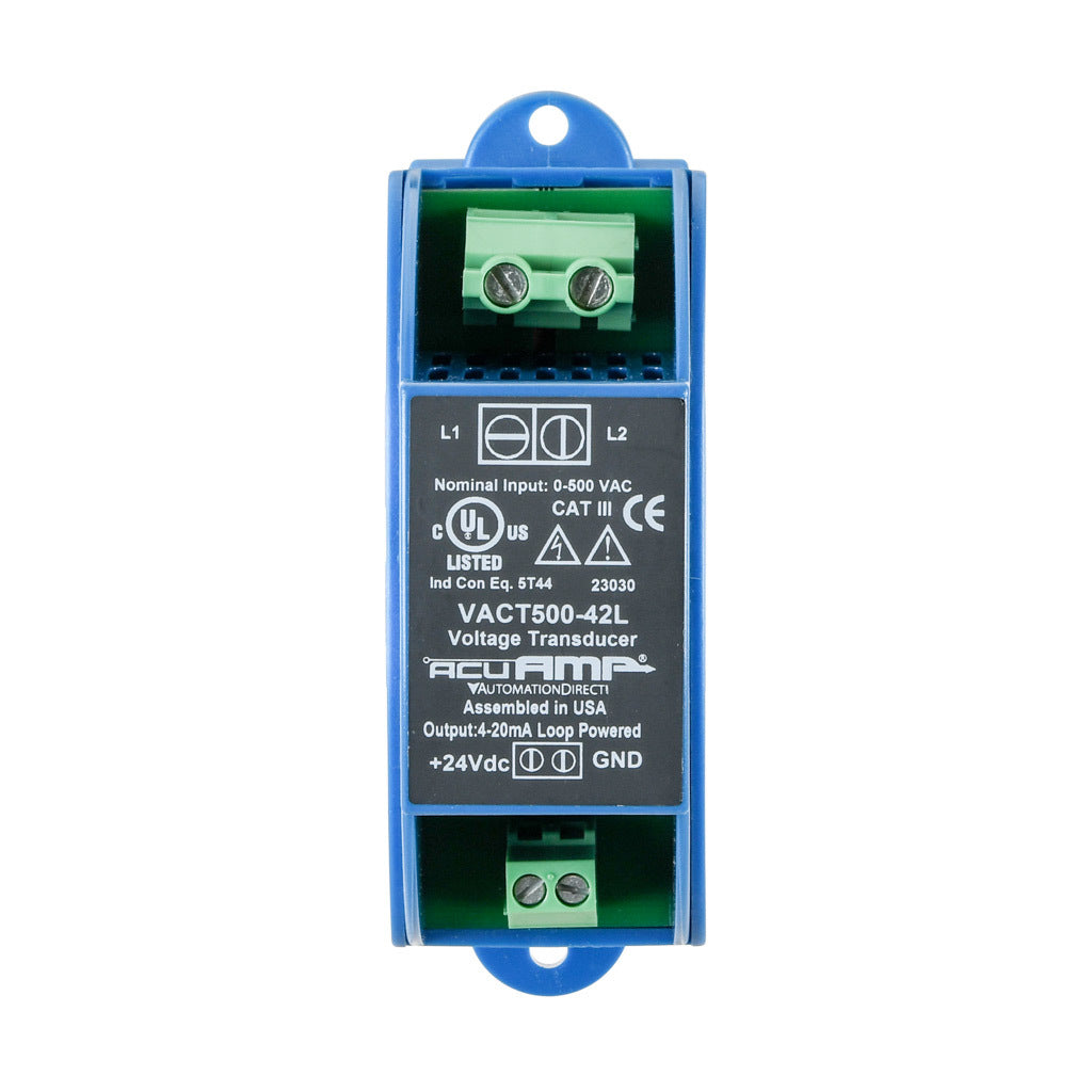 AcuAMP AC voltage transducer, 1-phase, 0-500 VAC sensing range, True RMS, 4-20 mA output, 22-40 VDC operating voltage.-VACT500-42L