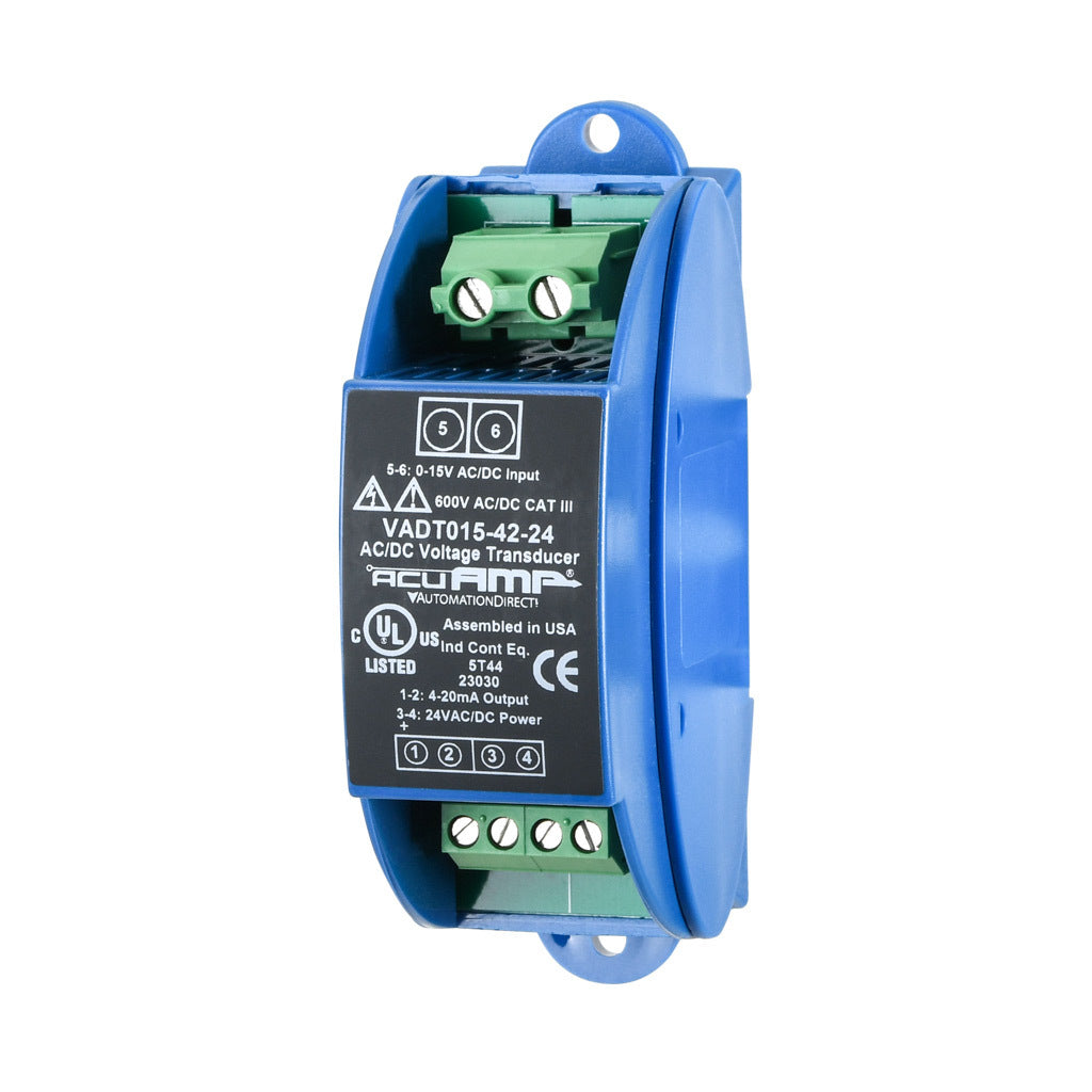 AcuAMP AC/DC voltage transducer, 1-phase, 0-15 VAC/VDC sensing range, True RMS, 4-20 mA output, 24 VAC/VDC operating voltage.-VADT015-42-24