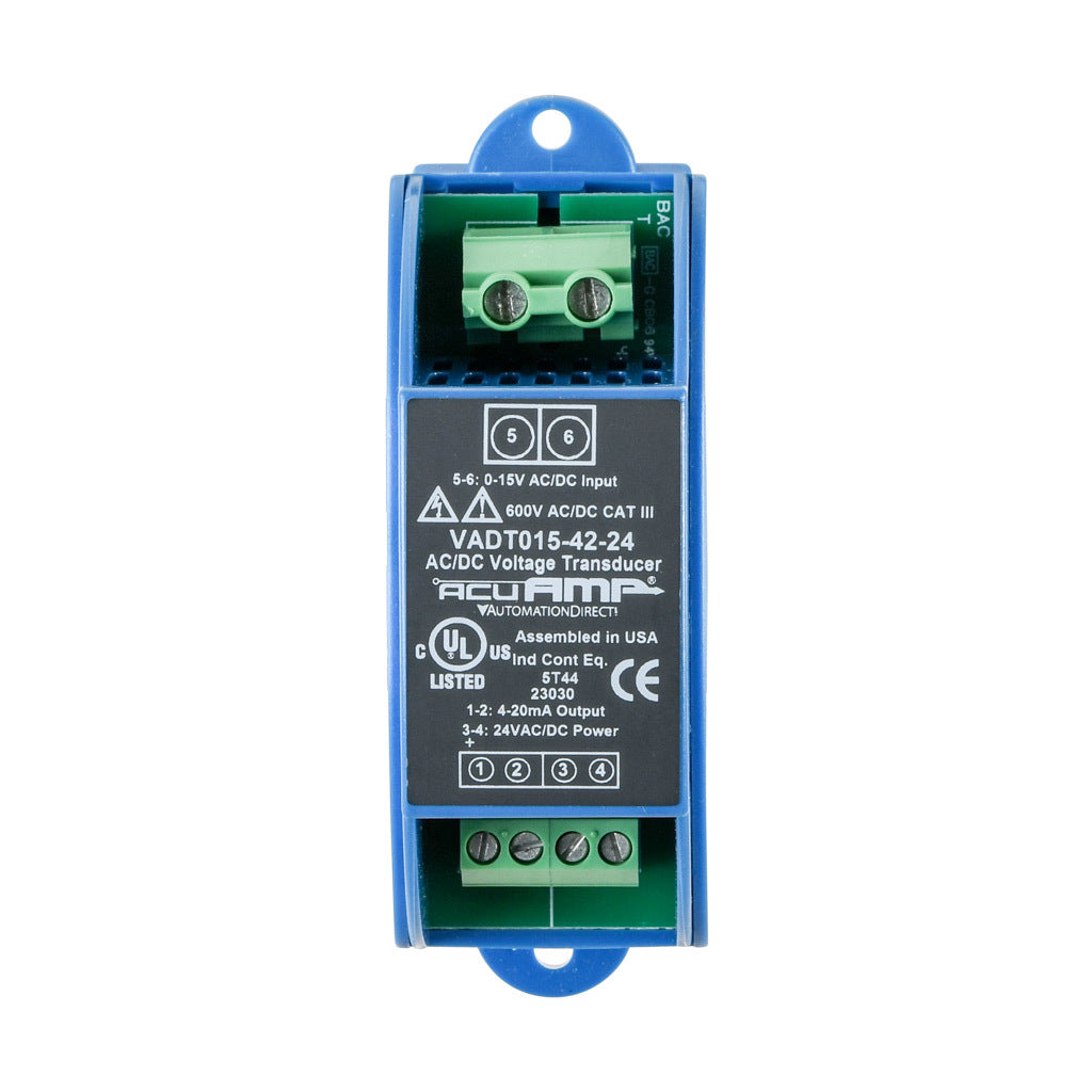 AcuAMP AC/DC voltage transducer, 1-phase, 0-15 VAC/VDC sensing range, True RMS, 4-20 mA output, 24 VAC/VDC operating voltage.-VADT015-42-24