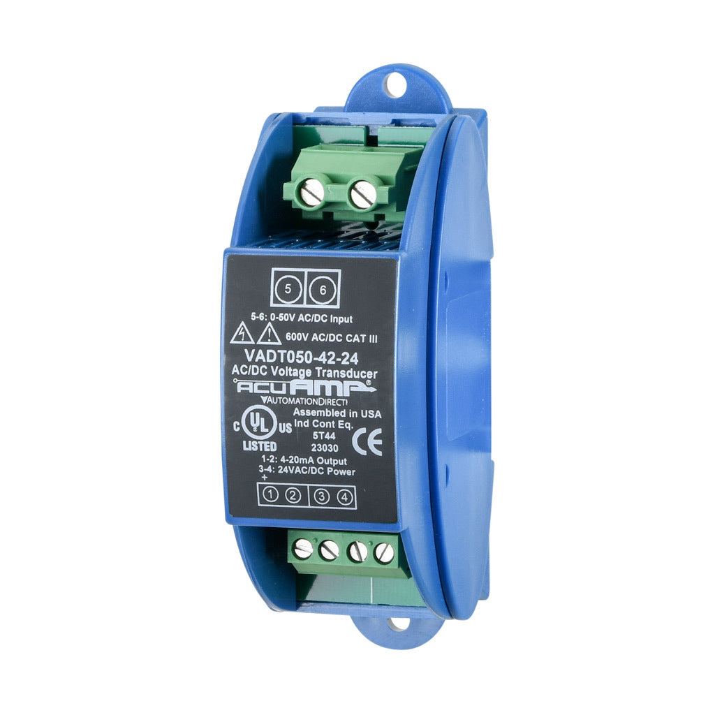 AcuAMP AC/DC voltage transducer, 1-phase, 0-50 VAC/VDC sensing range, True RMS, 4-20 mA output, 24 VAC/VDC operating voltage.-VADT050-42-24