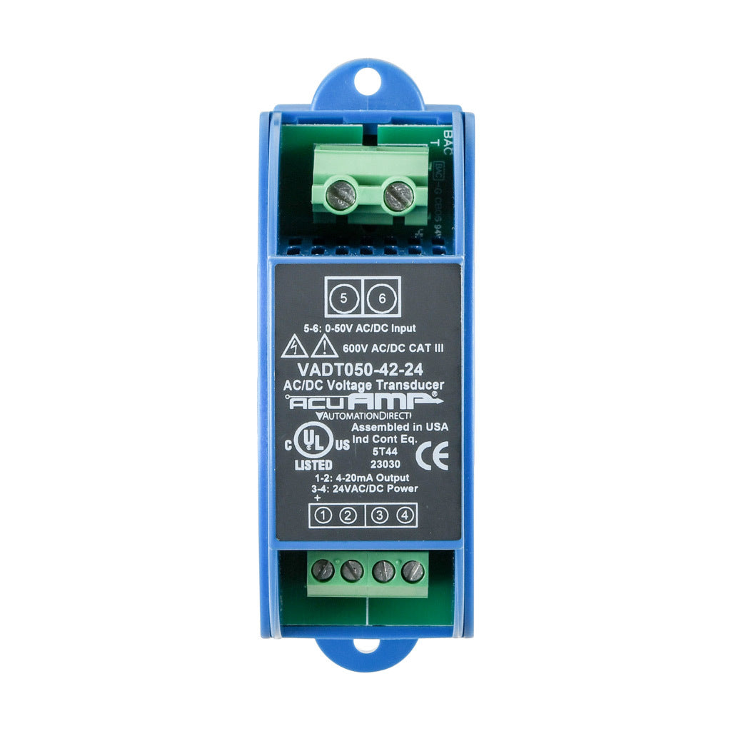 AcuAMP AC/DC voltage transducer, 1-phase, 0-50 VAC/VDC sensing range, True RMS, 4-20 mA output, 24 VAC/VDC operating voltage.-VADT050-42-24